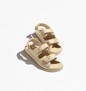 Lady's Chanel Sandals in Shiny Lambskin Beige