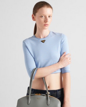 Lady's Prada Striped Jersey Top In Sky Blue/White