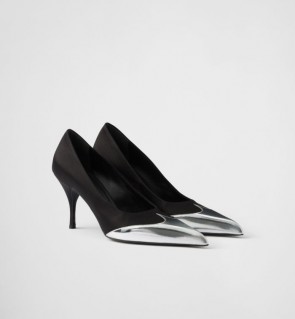 Lady's Prada Satin And Metallic Leather Pumps Black