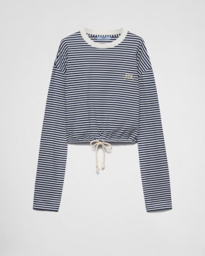 Lady's Prada Long-Sleeved Striped Jersey T-Shirt in Navy
