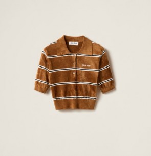 Lady's Miu Miu Striped Viscose Polo Shirt in Tobacco& Ivory