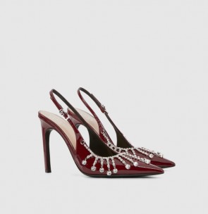 Lady's Gucci Pump With Crystal Chain Rosso Ancora Red