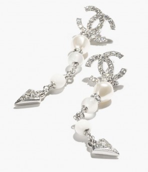 Lady's Chanel Pendant Earrings in Silver, White, Pearly White, Transparent & Crystal