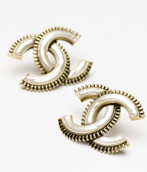 Lady's Chanel Stud Earrings in Gold & Pearly White