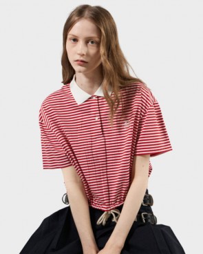 Lady's Prada Striped Jersey Polo Shirt in Red