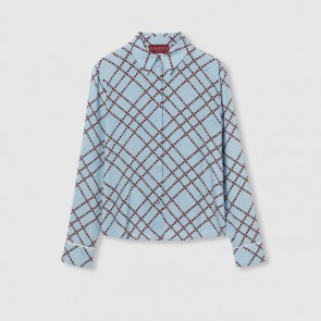 Lady's Gucci Printed Silk Crêpe De Chine Shirt in Light Blue