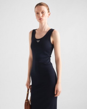 Lady's Prada Ribbed Knit Cotton Dress Navy