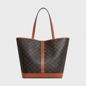 Lady's Celine Medium Cabas In Triomphe Canvas And Calfskin Tan