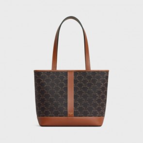 Lady's Celine Small Cabas In Triomphe Canvas And Calfskin Tan