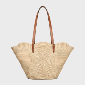 Lady's Celine Classic Panier Medium Braided Triomphe Bag In Raffia And Calfskin