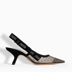 Women high heeled Sling back shoe 6.5CM in nude and black dotted swiss and rhinestones