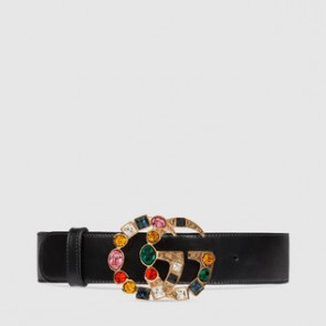 Women Leather belt with crystal Double G buckle ‎513183 AP0IT 1093