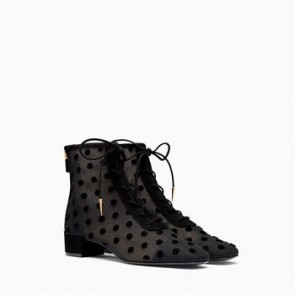 Women baby d lace up ankle boot in tulle embroidered with black velvet polka dots KCI216VDE_S900
