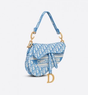 Dior Saddle Bag Blue Dior Oblique Embroidery Handbag