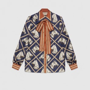 Lady's Gucci Check Equestrian Print Silk Shirt
