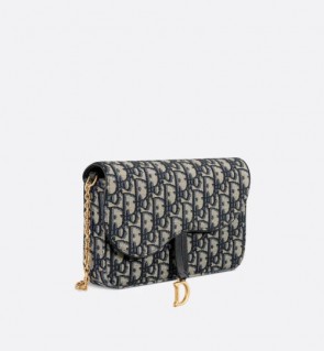 Dior Saddle Pouch With Chain In Blue Dior Oblique Jacquard