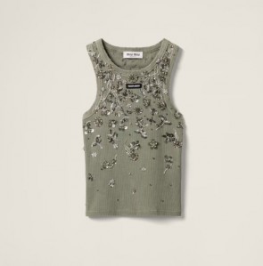 Lady's Miu Miu Garment-Dyed Embroidered Ribbed Knit Jersey Top