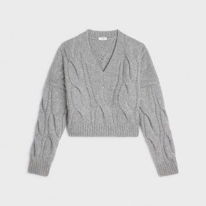 Lady's Celine V-neck Sweater In Cable Knit Grey
