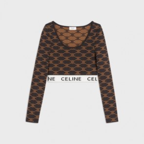 Lady's Celine Monogrammed Crop Top In Silk Cotton Brown