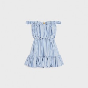 Lady's Celine Off-Shoulder Mini Dress In Striped Silk