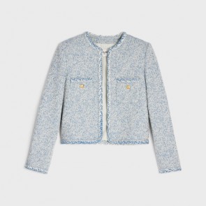 Lady's Celine Cardigan Jacket In Wool NattÉ Bleu DÉlavÉ/Écru