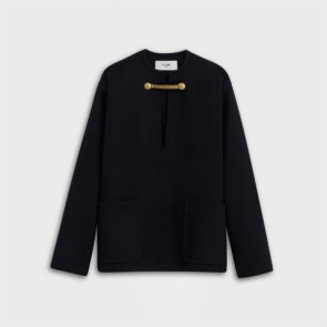 Lady's Celine Jacket Signature Open-collar 'caban' In Felt Navy