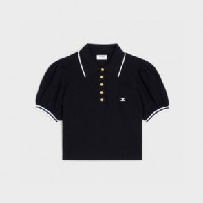 Lady's Celine Cropped Triomphe Polo Shirt In Cotton PiquÉ