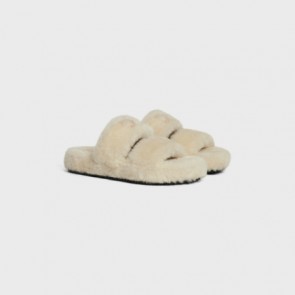 Lady's Celine Fur Slides Triomphe In Shearling