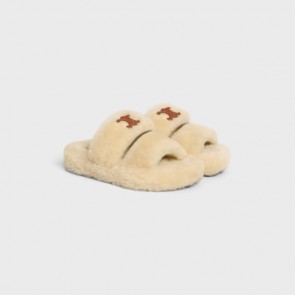 Lady's Celine Fur Slides Triomphe In Shearling Beige/Brown