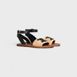 Lady's Celine Lympia Flat Strap Sandal In Raffia & Calfskin