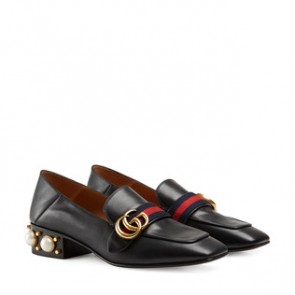 Gucci women Leather mid heel GG pearls and studs loafer 423559