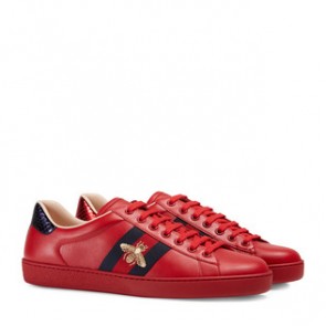 Gucci Mens Ace embroidered Bee red leather low top sneaker 429446 A38G0 6459