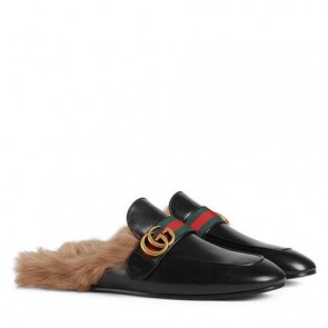 Mens Princetown fur lined leather slipper with Double G 469950