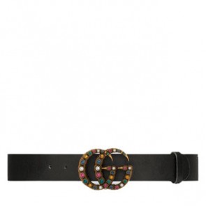Women Leather belt with crystal Double G buckle 1093