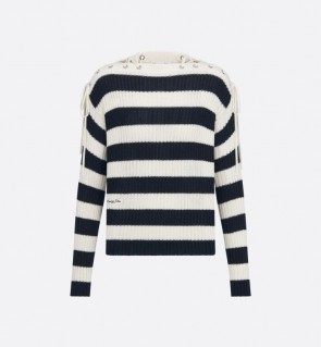 Lady's Dior Marinière Sweater in White and Navy Blue Ribbed Cotton Knit