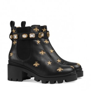 Women Embroidered leather ankle boot with belt ‎557735 AYO10 1000