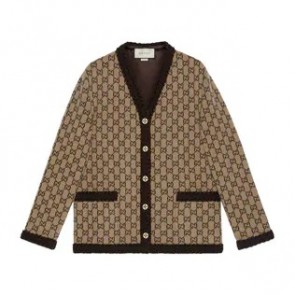 Lady's Gucci V-Neck Wool GG Knit Cardigan Clothes Beige