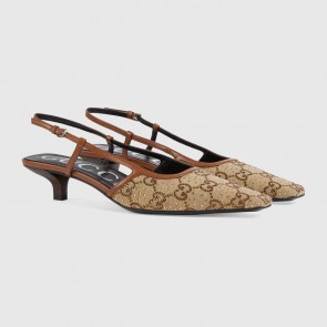 Women gucci brown gg crystal slingback shoes low pump sandals