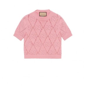 Lady's Gucci Pink perforated GG cotton knit T-shirt with beads
