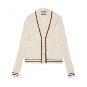 Gucci Cotton Cashmere Red and Green Torchon Trim Cardigan
