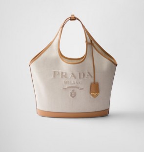 Prada Large Linen Blend And Leather Tote Bag