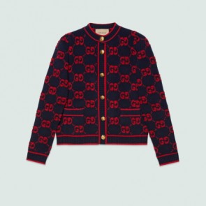 Lady's Gucci Blue And Red GG Wool Cardigan