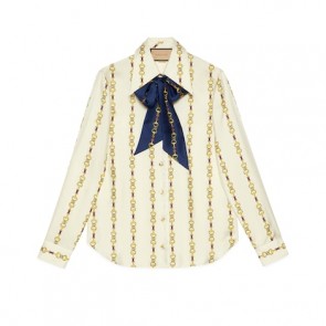 Lady's Gucci Interlocking G Horsebit Print Silk Shirt