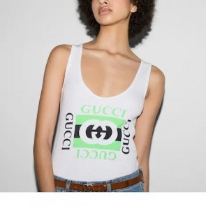Lady's Gucci Rib Cotton Tank Top With Gucci Print