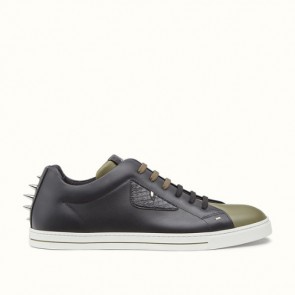 Mens two tone leather and elaphe lace ups sneaker in black and green leather
