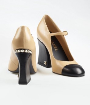 Lady's Chanel Beige & Black Open Shoes High Heel