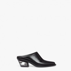 Lady's Fendi Baguette Black Leather Medium-heel Mules