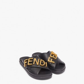 Women Golden Metal Fendi lettering sandals Fendigraphy leather slides