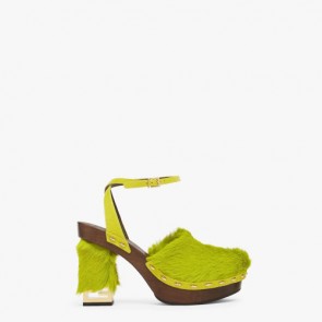 Lady's Fendi Baguette Show Green Pony Hair High-heeled Clogs
