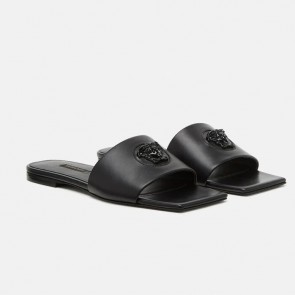 WOMEN VERSACE LA MEDUSA PLAQUE SANDALS LEATHER SLIDES